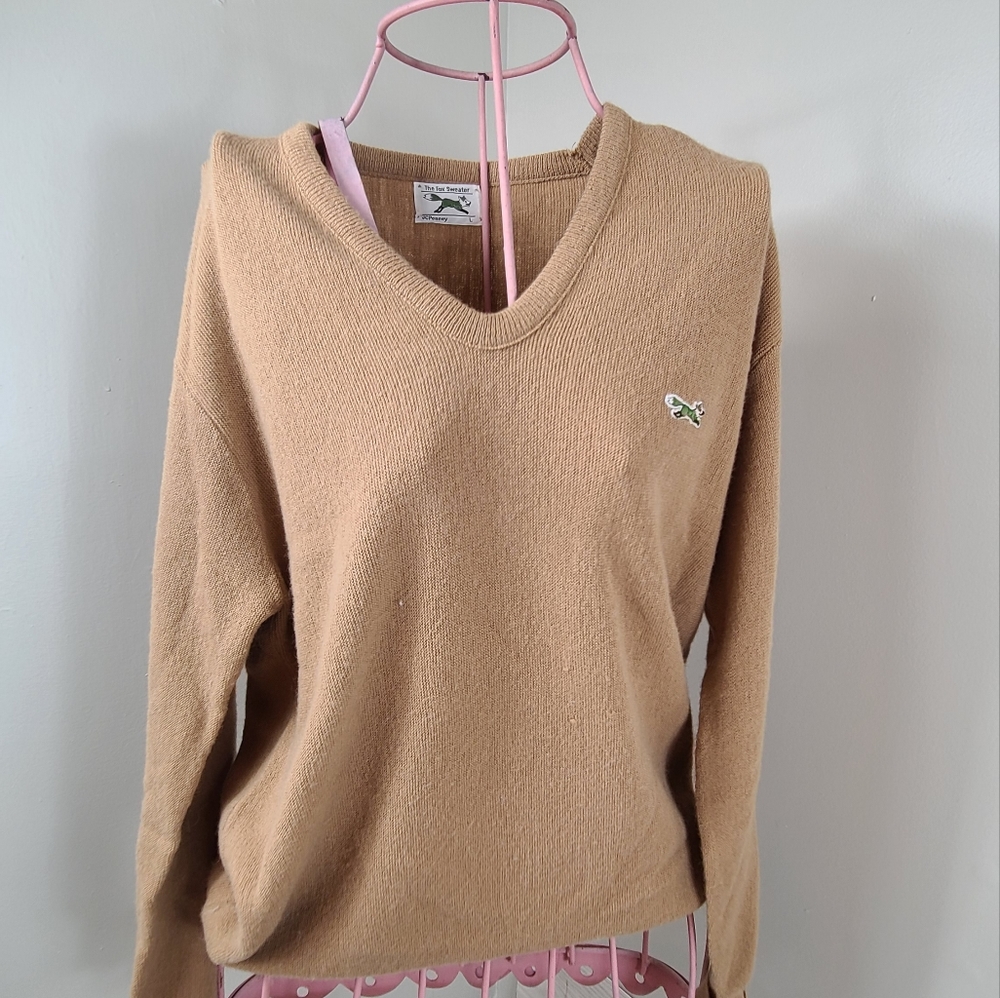 Vtg 70s 80s JC Penney The Fox Sweater Tan V-Neck Size Large